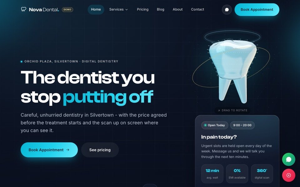 Nova Dental demo homepage - a dark, modern dental clinic website with a 3D rotating tooth and an appointment booking panel.