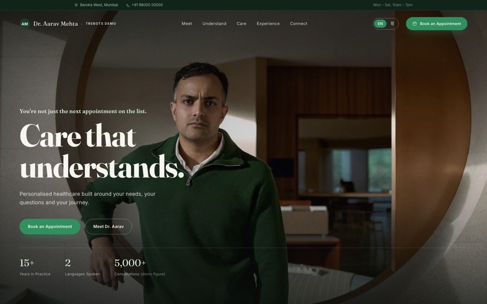 Dr. Aarav Mehta demo homepage - a warm, editorial physician website with the doctor's portrait and the headline Care that understands.