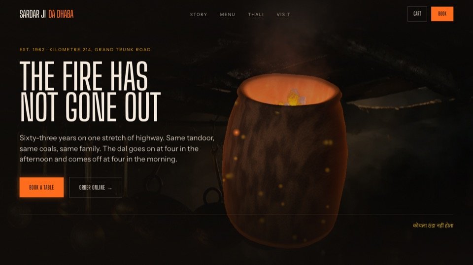 Sardar Ji Da Dhaba demo homepage - a dark highway-dhaba website with a glowing 3D tandoor and a Book a Table call to action.