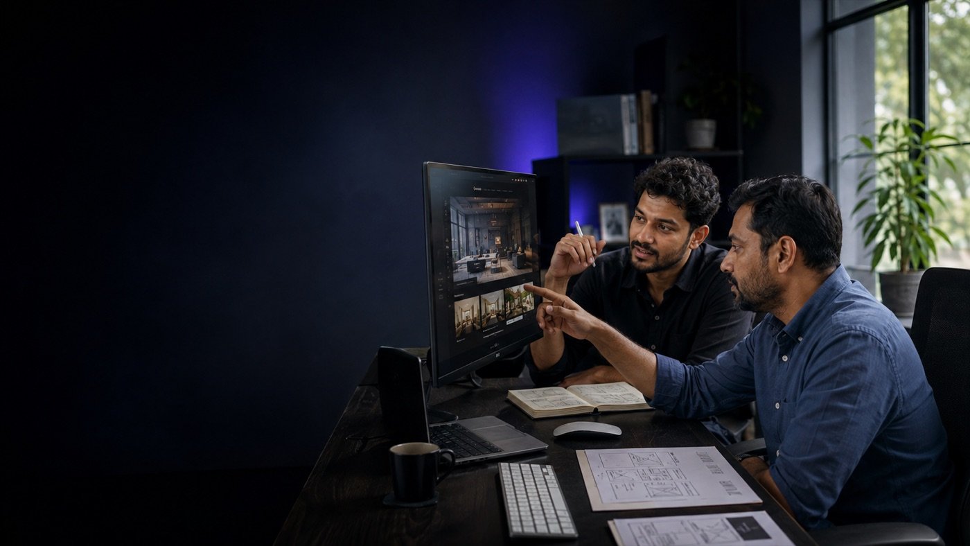 Two of us reviewing a client's website build together on screen.