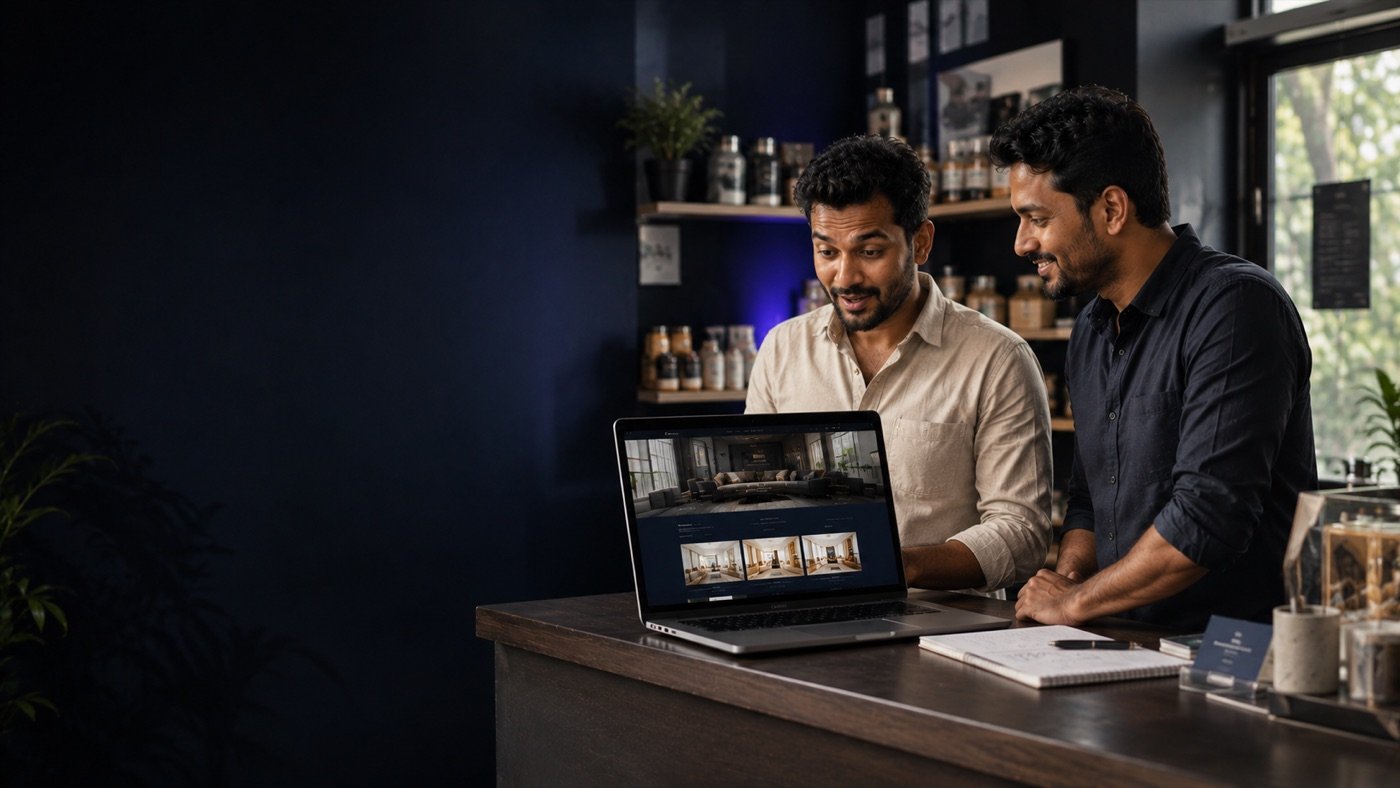 Two of us going through a new website on a laptop with a client at their counter.