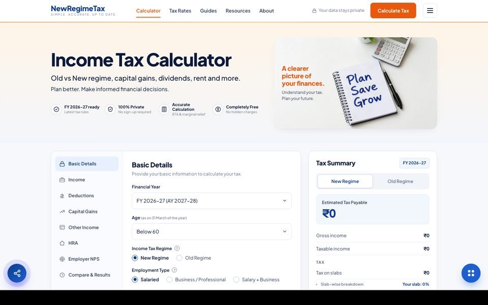 NewRegimeTax homepage - an income tax calculator for India with the basic-details form and a live tax summary panel.